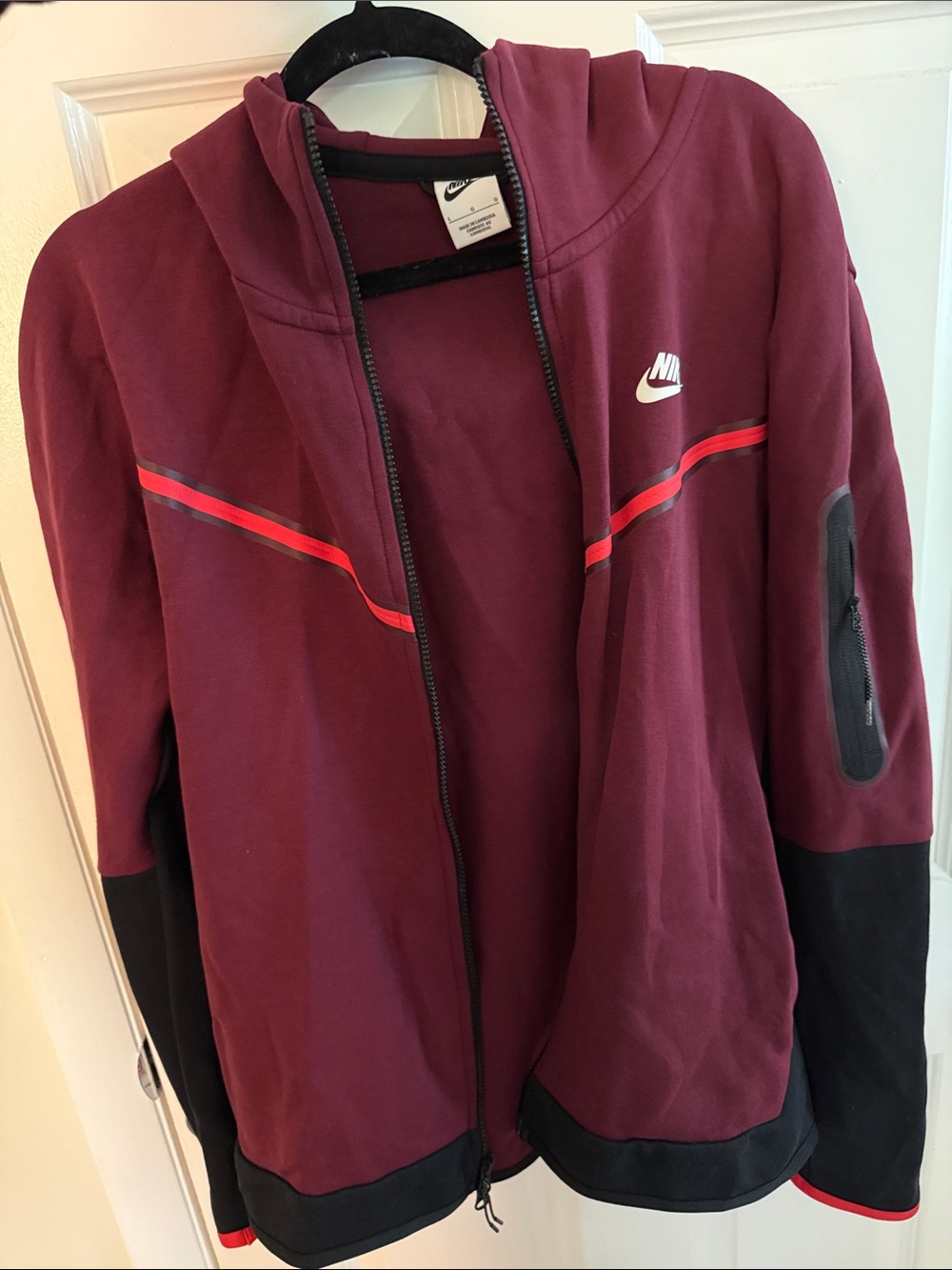 Nike Burgundy Hooded Zip Jacket with Bright Red and Black Accents